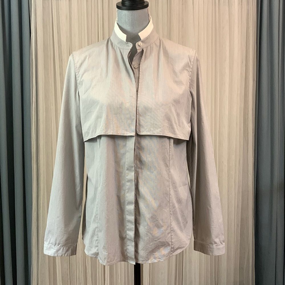 AKRIS button front top faux vest long sleeve contrasting high collar size 10